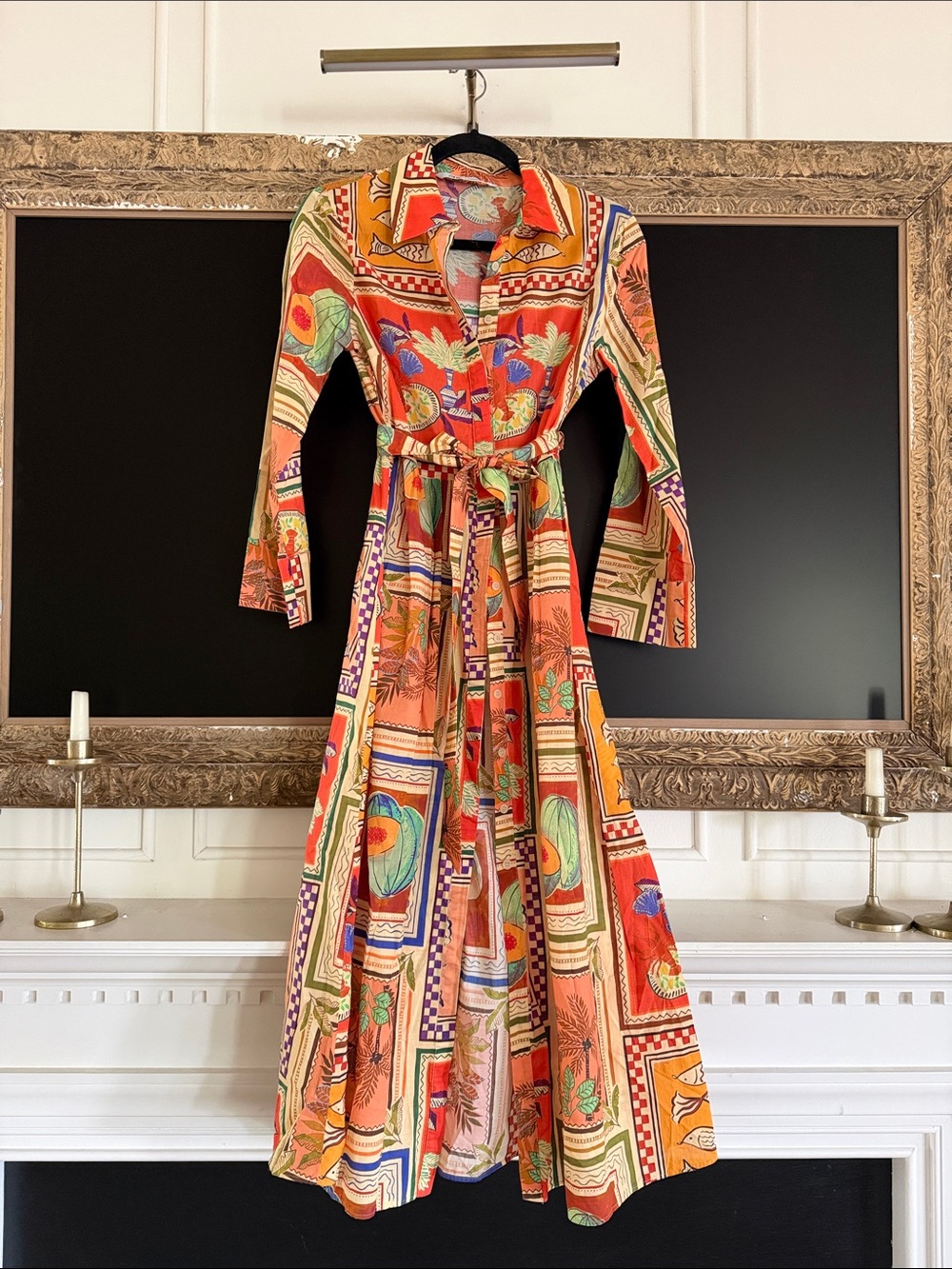 Zara Multi-Print Long Sleeve Shirt Dress in Orange and Green - Picture 1 of 1